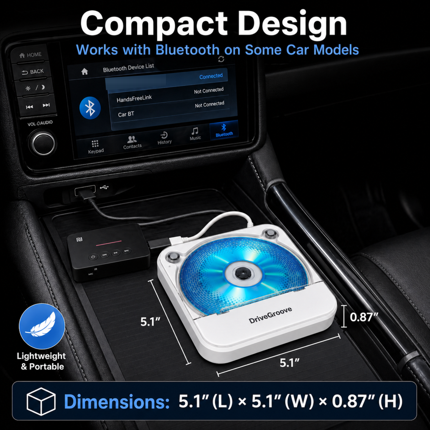 DriveGroove CD Player for Car Without CD Drive USB External Portable CD Unit with AUX & Bluetooth Adapter, Plug & Play for Old New Vehicle Trucks SUV